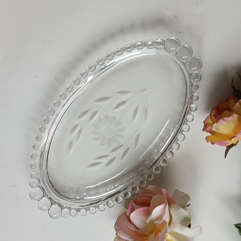 Imperial Glass CANDLEWICK Clear Etched Floral Oval Serving Dish Vanity Tray Vtg